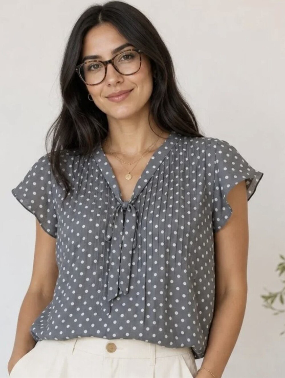 Polka dot sheer blouse with pintuck detail and cap sleeves Large